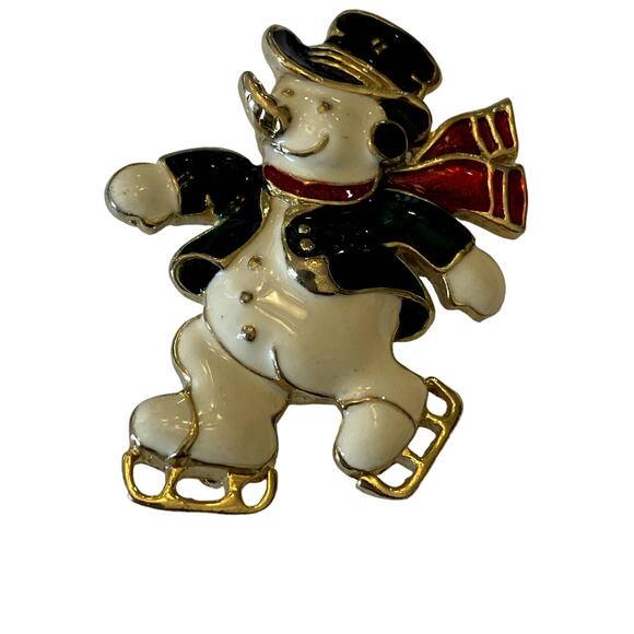 Vintage Jewelry - Vintage Christmas Enamel Snowman Skating Novelty Brooch/Pin